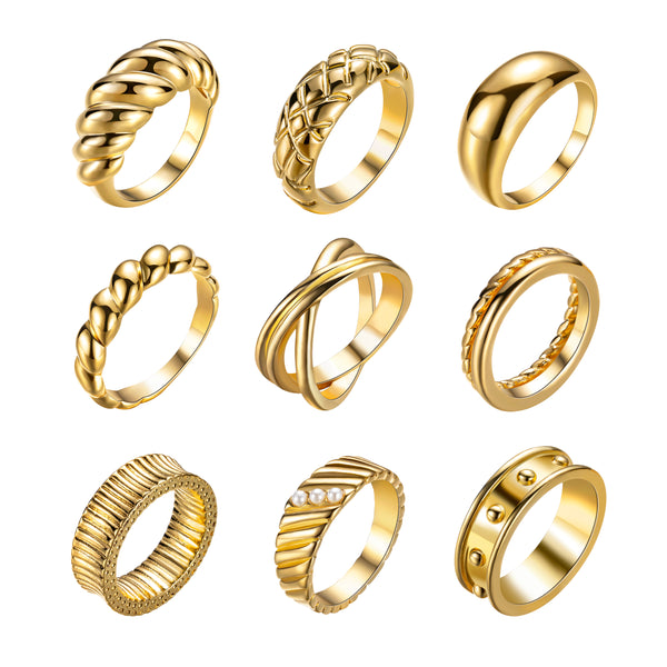 E1mity 9 Pcs Gold Chunky Dome Rings Set Gold Plated Thick Croissant Braided Twisted Stacking Band Rings Trendy Knuckle Rings Minimalist Statement Jewelry Birthday Gifts for Women Girls Men Size 7-8