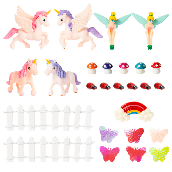 E1mity 26Pcs Fairy Animals Miniature Garden Accessories Kits with Cute Mini Fairy Unicorn Butterfly Mushroom Ladybird Resin Figurines Ornaments for Cake Topper Micro Landscape Garden DIY Home Decor