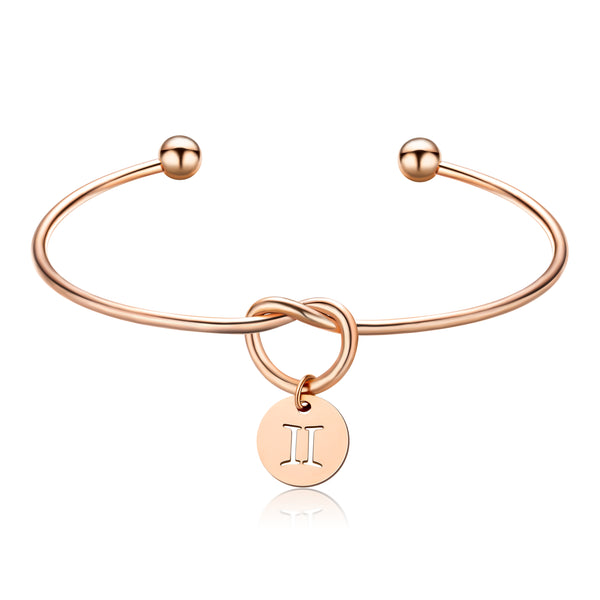 E1mity Constellation Tie The Knot Bracelet Rose Gold Plated Love Knot Cuff Bangle with Zodiac Sign Disc Charm Horoscope Adjustable Bracelet Jewelry Gift for Women Teen Girls with Storage Bag