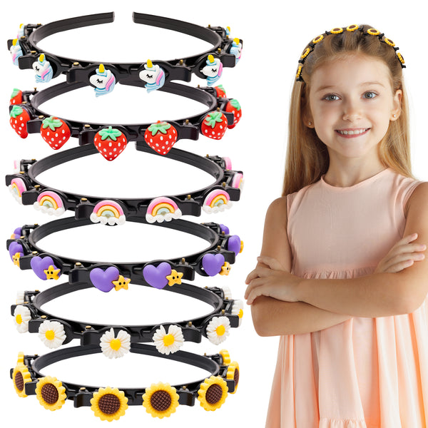 E1mity 6Pcs Double Bangs Headband with Clips Hairstyle Hairpin Set Double Layer Twist Plait Hair Bands Cute Unicorn Strawberry Rainbow Heart Flower Sunflower Hair Accessories for Kids Girls Women